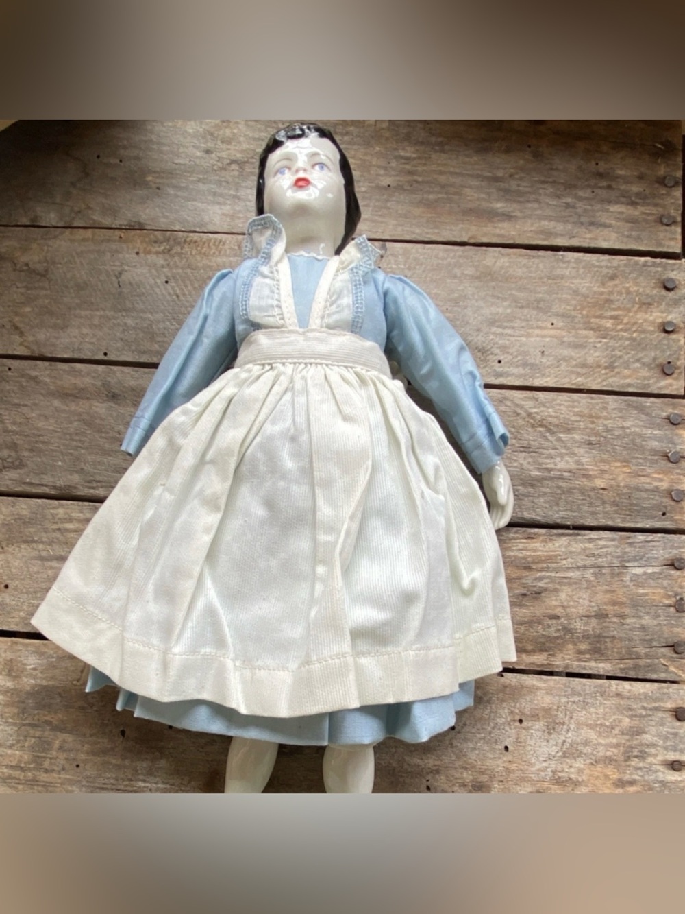 Vintage Porcelain Doll in Handmade Light Blue Dress & White Apron Antique Decor